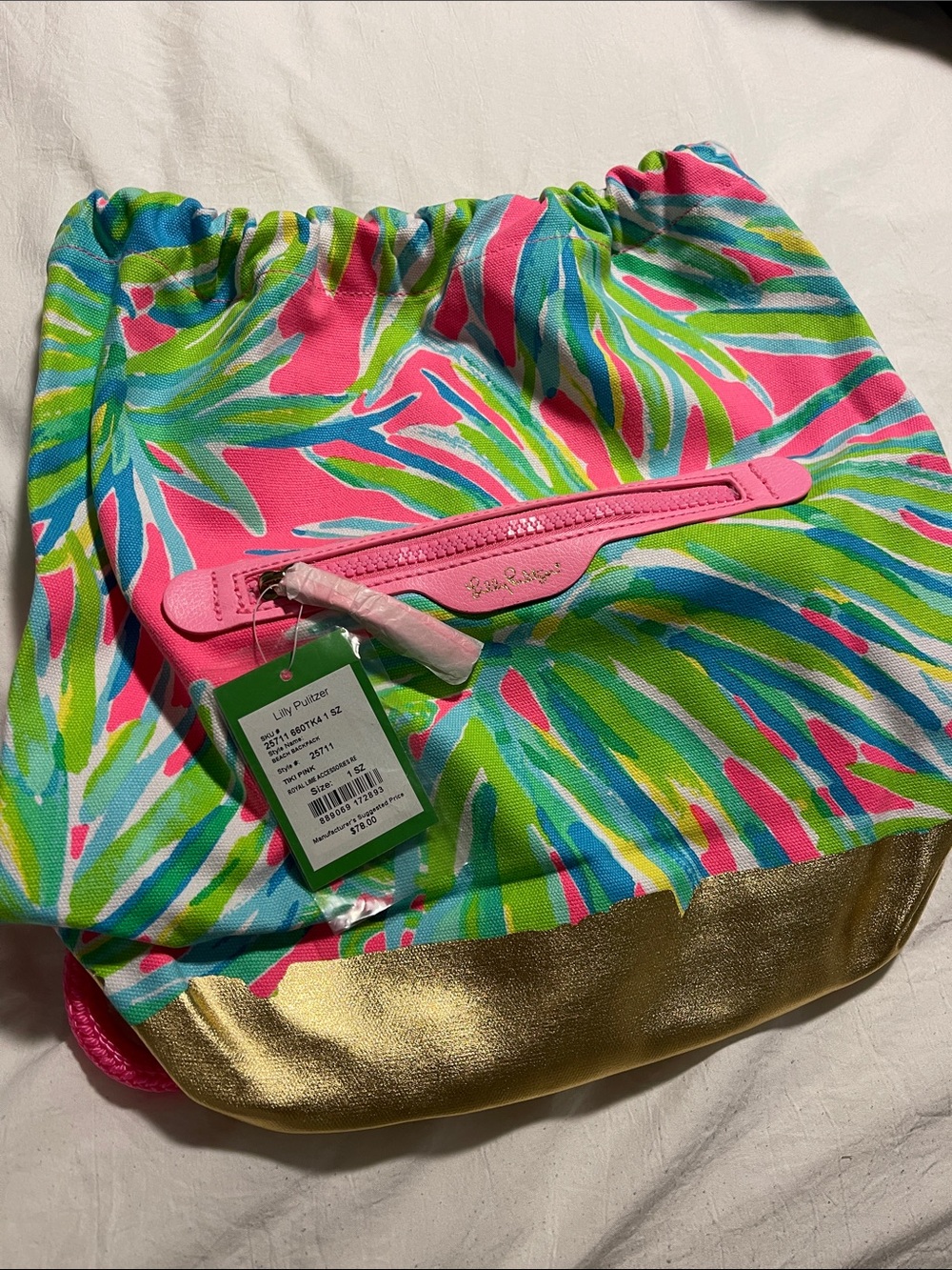 Lilly Pulitzer Pink, Green & Blue Tropical Drawstring Tote with Gold Base